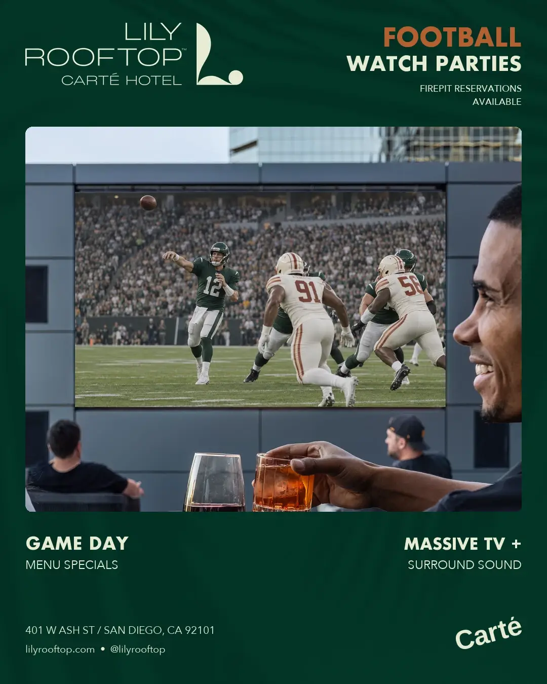 Football watch parties on the massive outdoor screen at Lily Rooftop, Carté Hotel, Little Italy, San Diego